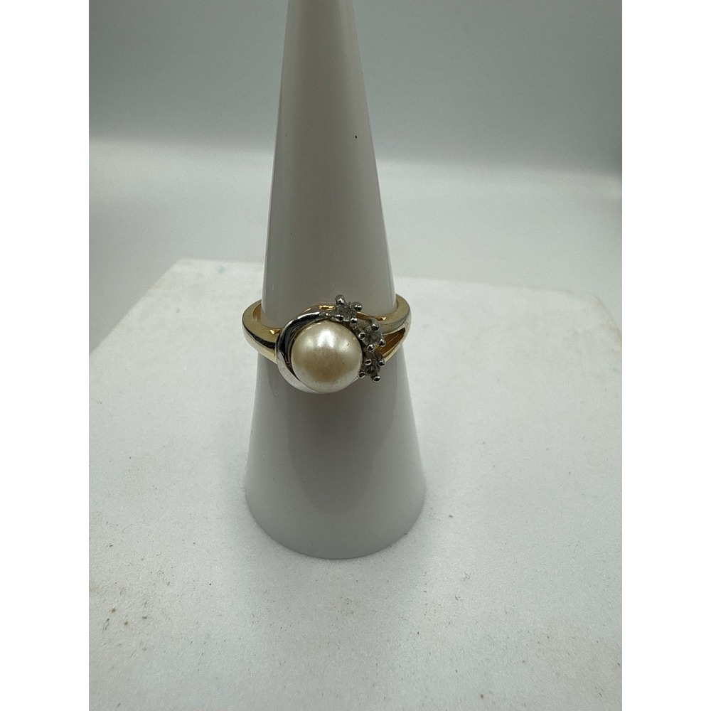 Vintage 14K GE Taiwan Faux Pearl Rhinestone Bypass Ring Size 7 Mixed Tone